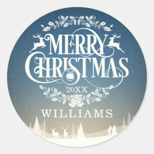 Personalised Family Name Merry Christmas Winter Classic Round Sticker