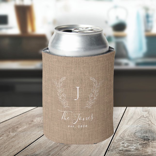 Personalised family name monogram rustic burlap can cooler (Creator Uploaded)