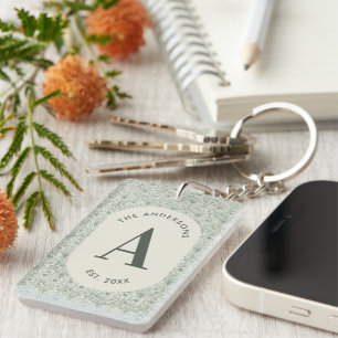 Personalised Family Name Monogram Sage Green Deco Key Ring