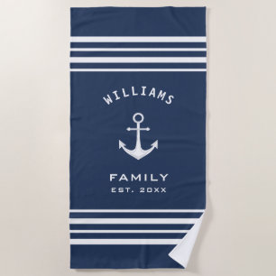 Personalised Family Name Nautical Blue And White Beach Towel