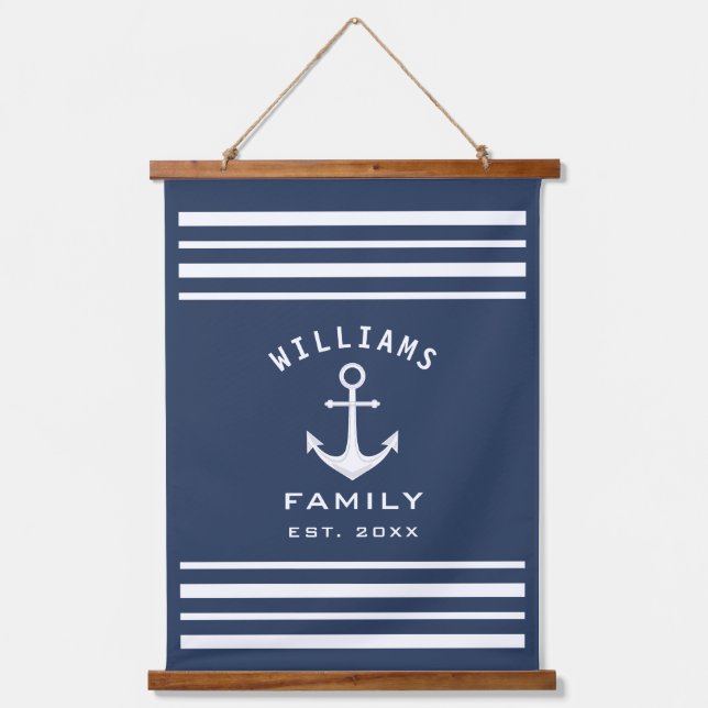 Personalised Family Name Nautical Blue And White Hanging Tapestry (Front)