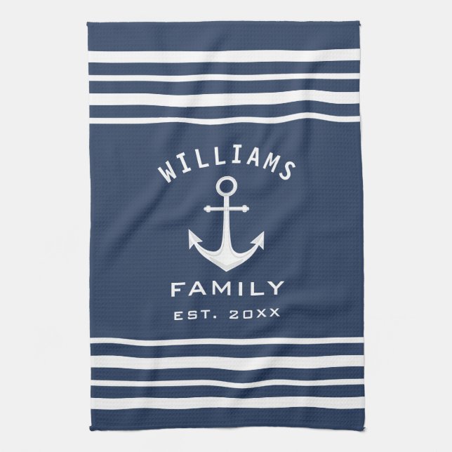 Personalised Family Name Nautical Blue And White Tea Towel (Vertical)