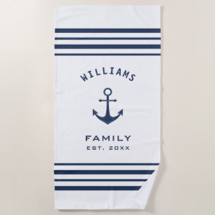 Personalised Family Name Nautical White And Blue Beach Towel
