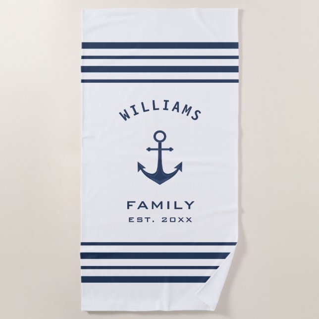 Personalised Family Name Nautical White And Blue Beach Towel (Front)