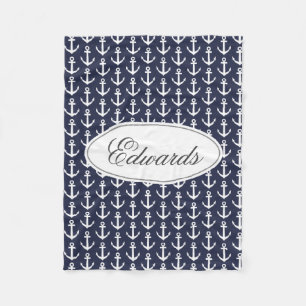 Personalised family name navy blue nautical anchor fleece blanket