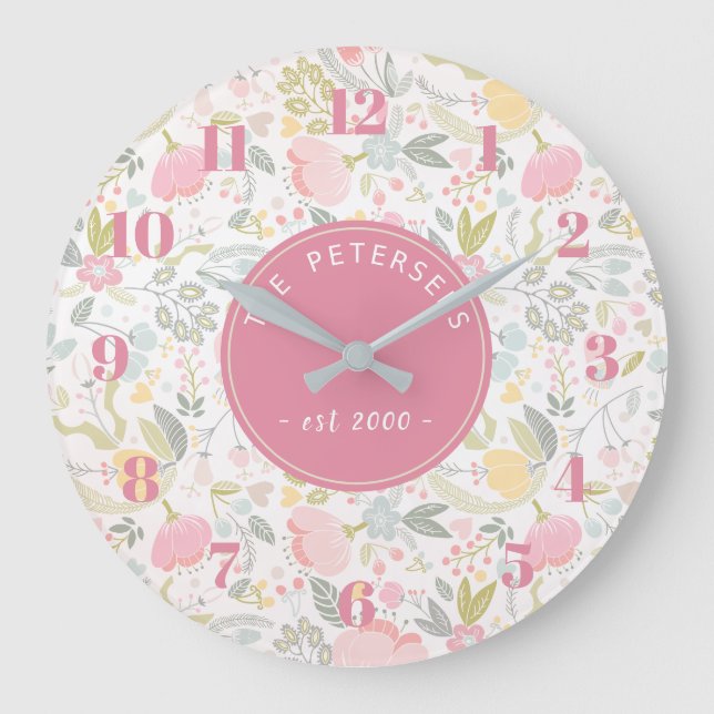 Personalised Family Name Pastel Colourful Floral Large Clock (Front)