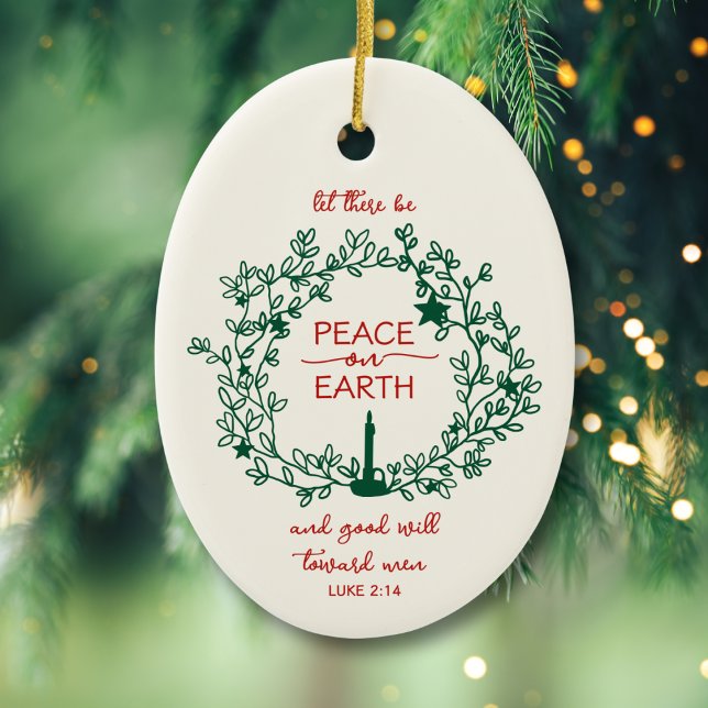 Personalised Family Name Peace on Earth Wreath Ceramic Tree Decoration (Front: Red hand-drawn wreath with “Peace on Earth” scripture design, inspired by Luke 2:14.)