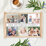 Personalised Family Name Photo Collage Serving Tray<br><div class="desc">Personalise this elegant custom serving tray with a collage of size (6) of your favourite family photos - four horizontal pictures and two square pictures. The centre of the design features your family's last name in a large serif font with a simple and stylish border of horizontal stripes. The neutral...</div>