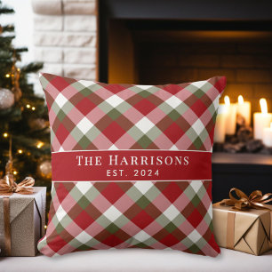 Personalised Family Name Plaid Christmas Cushion