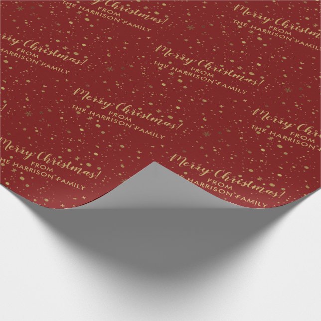 Personalised Family Name Red Gold Merry Christmas Wrapping Paper (Corner)