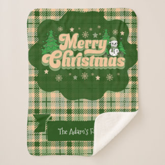 Personalised Family Name Retro Christmas Plaid Sherpa Blanket