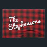 Personalised Family Name Rustic Red Black Plaid Tea Towel<br><div class="desc">Add a cosy and personal touch to your kitchen with this red buffalo plaid towel, customised with your family name in bold white script. Perfect for farmhouse kitchens, holiday baking, or rustic home decor, this towel makes a great gift for hosts, newlyweds, or anyone who loves a warm and welcoming...</div>
