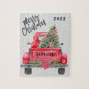 Personalised Family Name Rustic Red Truck Holiday  Jigsaw Puzzle