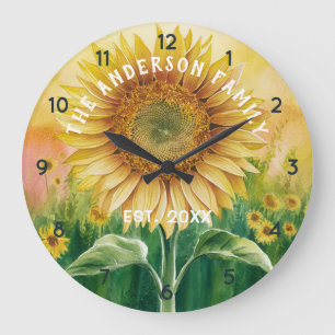 Personalised Family Name Sunflower Watercolor  Large Clock