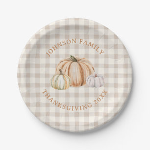Personalised Family Name Thankful Neutral Gingham Paper Plate
