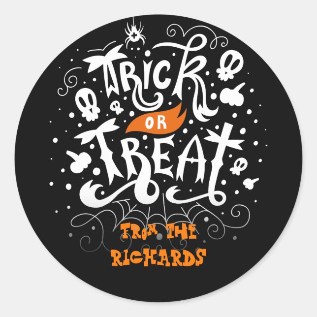 Personalised Family Name Trick or Treat Halloween Classic Round Sticker (Front)