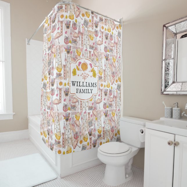 Personalised Family Name Watercolor Fall Shower Curtain (In Situ)