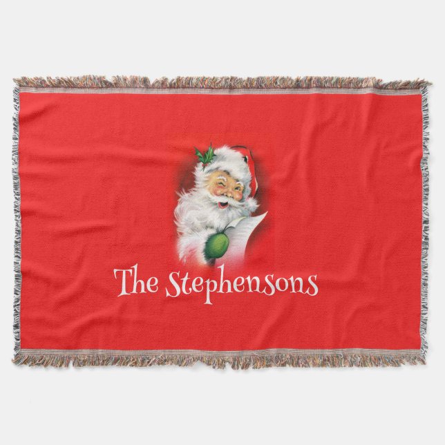 Personalised Family Name Winking Santa Christmas Throw Blanket (Front)
