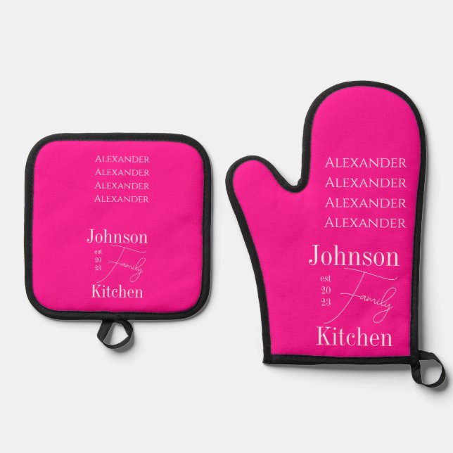 Personalised Family Names Hot Pink Oven Mitt & Pot Holder Set (Front)