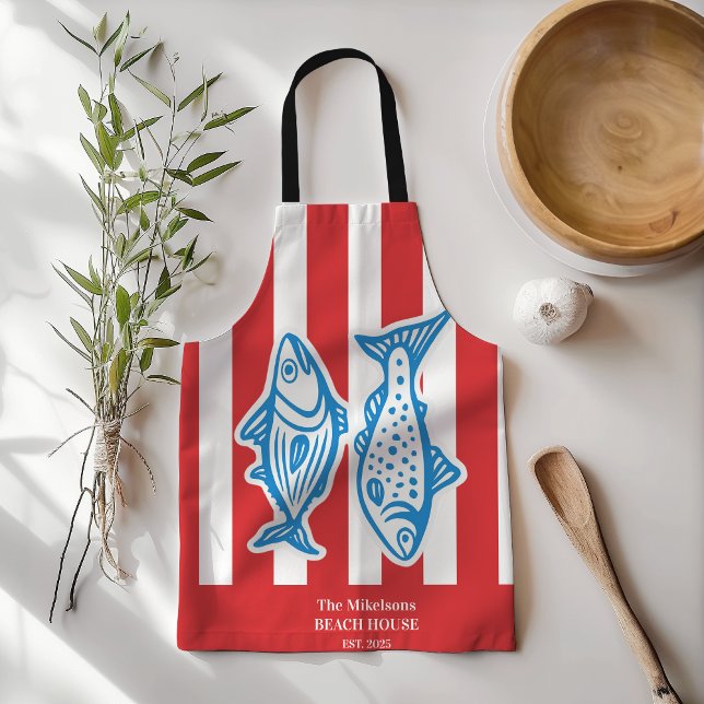 Personalised Family Nautical Red Sardine Stripes Apron (Creator Uploaded)