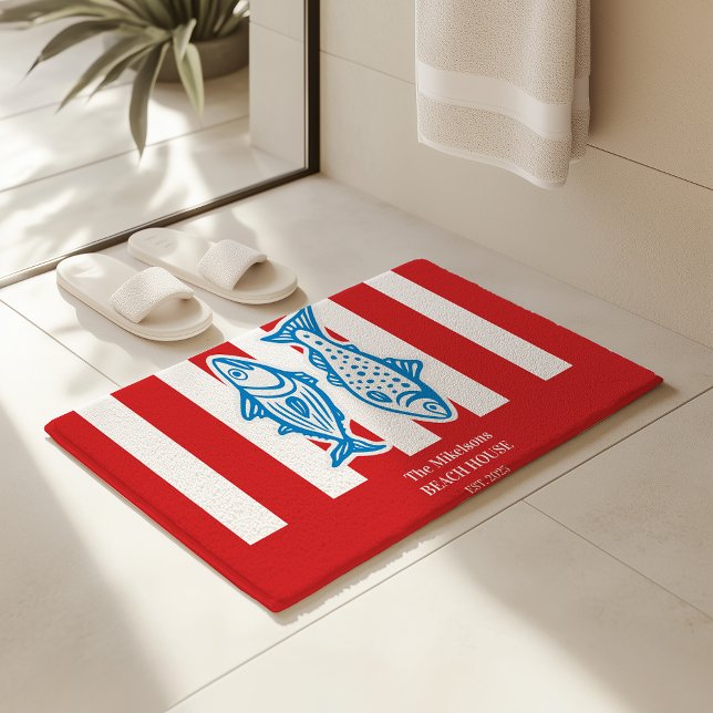 Personalised Family Nautical Red Sardine Stripes Bath Mat (Creator Uploaded)