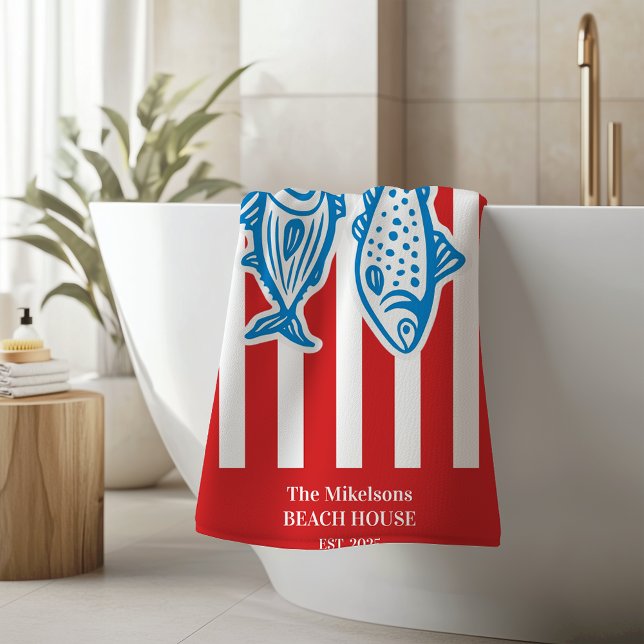 Personalised Family Nautical Red Sardine Stripes Bath Towel (Creator Uploaded)