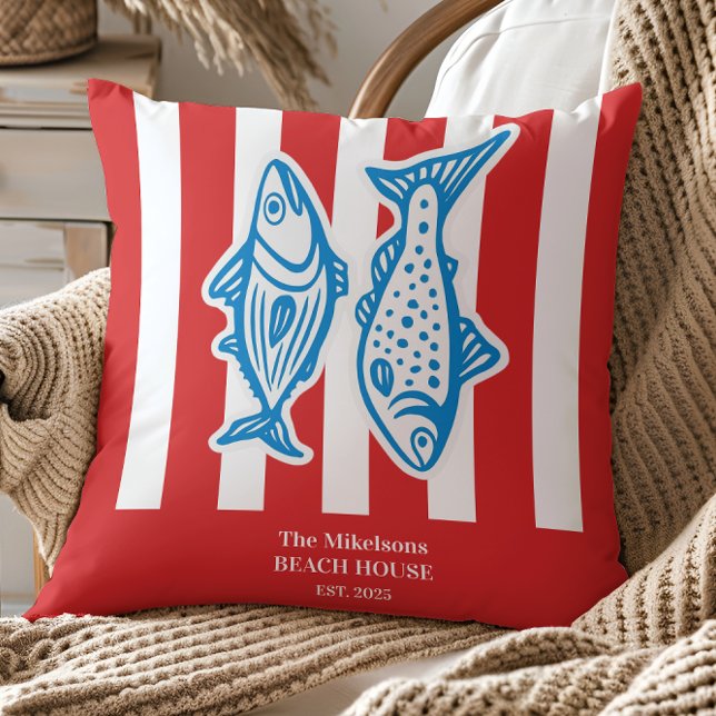 Personalised Family Nautical Red Sardine Stripes Cushion (Creator Uploaded)