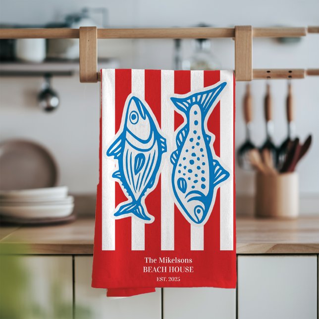 Personalised Family Nautical Red Sardine Stripes Tea Towel (Creator Uploaded)