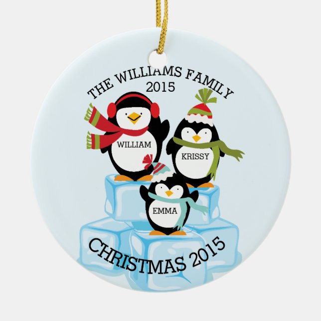 Personalised Family Of 3 Penguins Christmas Ceramic Tree Decoration (Front)
