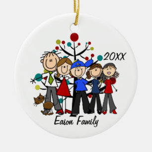 Personalised Family of Five With Brown Cat Ornamen Ceramic Tree Decoration