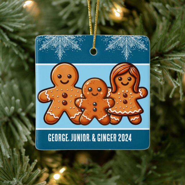 Personalised Family of Three Christmas Gingerbread Ceramic Ornament (Tree)
