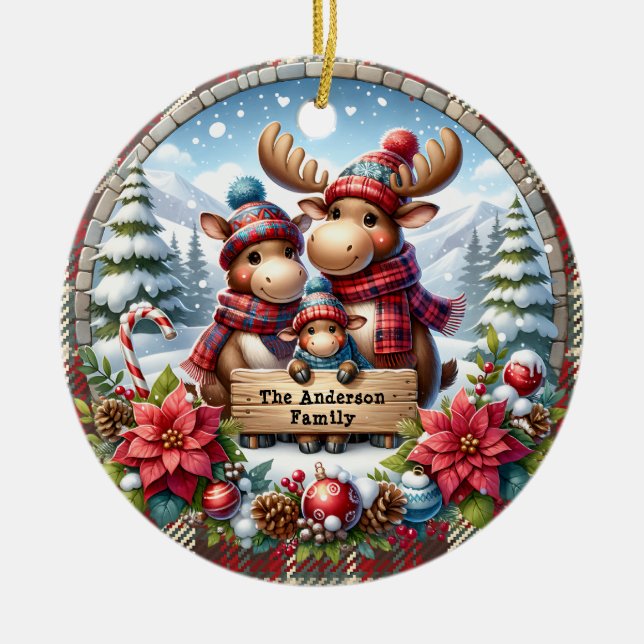 Personalised Family of Three Reindeer Christmas Ceramic Tree Decoration (Front)