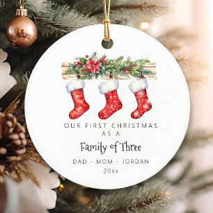 Personalised Family Of Three Stockings Christmas Ceramic Tree Decoration