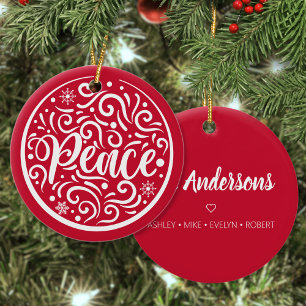 Personalised Family Peace Christmas Holiday Red Ceramic Tree Decoration