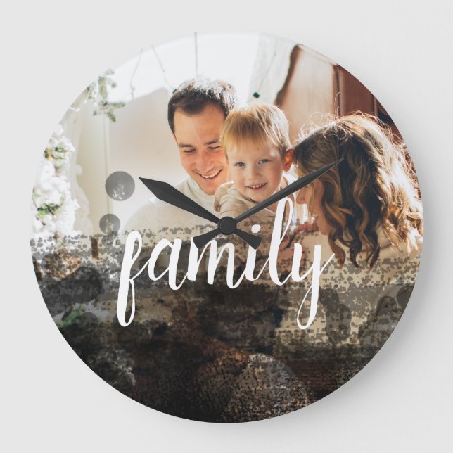 Personalised Family Photo Black Abstract Overlay Large Clock (Front)