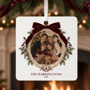 Personalised Family Photo Burgundy Velvet Bow Metal Tree Decoration