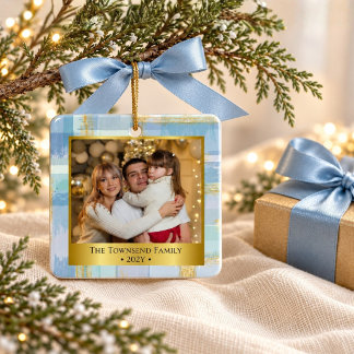 Personalised Family Photo Christmas Blue & Gold Ceramic Ornament