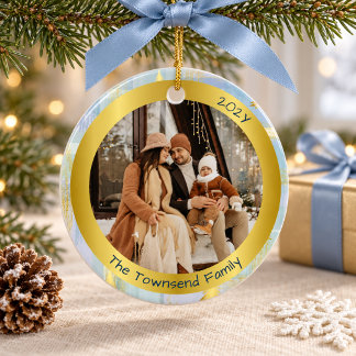 Personalised Family Photo Christmas Blue & Gold Ceramic Tree Decoration