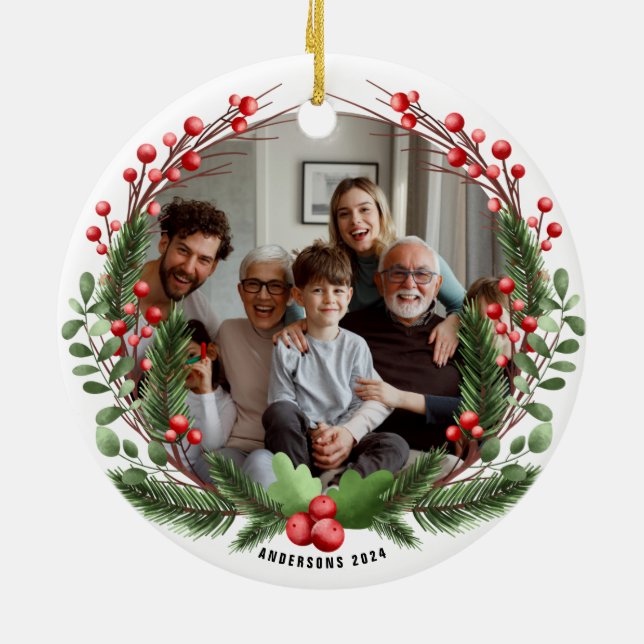 Personalised Family Photo Christmas Wreath Ceramic Tree Decoration (Back)