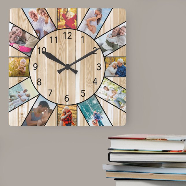 Personalised Family Photo Collage Pine Wood Square Wall Clock (Photo clock with 12 photos, one at each hour. Great design for your home or a thoughtful photo gift.)