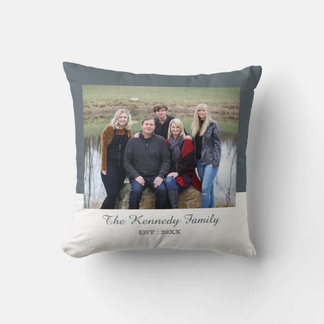 Personalised Family Photo Name Grey And White Cushion (Front)