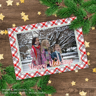 Personalised Family Photo On Plaid Pattern Holiday Card