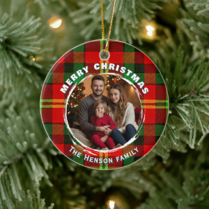 Personalised Family Photo Plaid Pattern Christmas Ceramic Tree Decoration