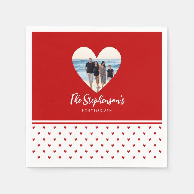 Personalised Family Photo Red Heart Frame Modern A Napkin (Front)