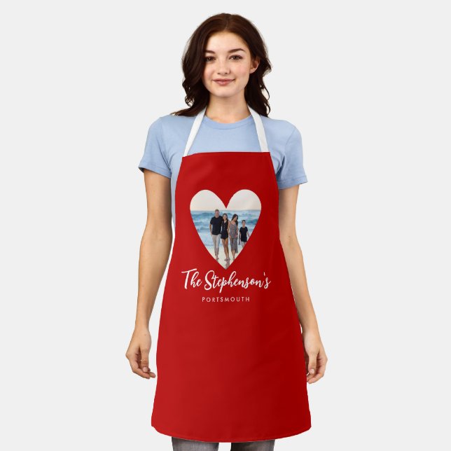 Personalised Family Photo Red Heart Frame Modern Apron (Worn)