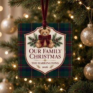 Personalised Family Photo Tartan Teddy Bear Metal Tree Decoration