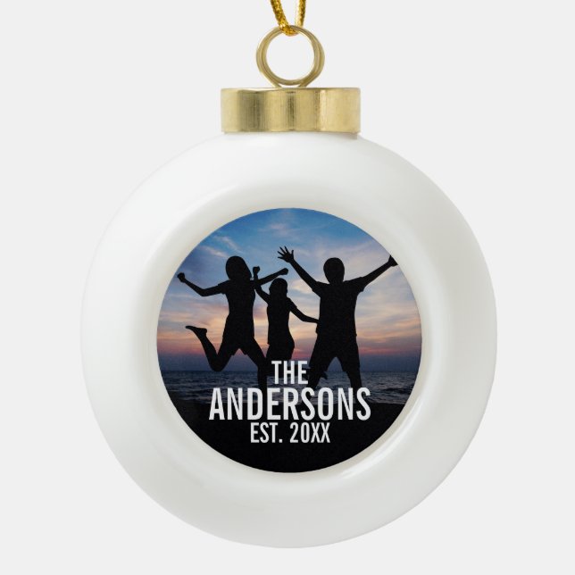 Personalised Family Photo with Family Name Ceramic Ball Christmas Ornament (Front)