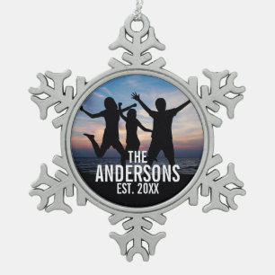 Personalised Family Photo with Family Name Snowflake Pewter Christmas Ornament