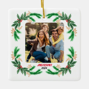 Personalised Family Photo with Holly Border Ceramic Ornament