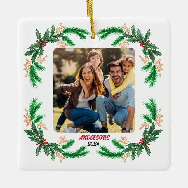 Personalised Family Photo with Holly Border Ceramic Ornament (Front)